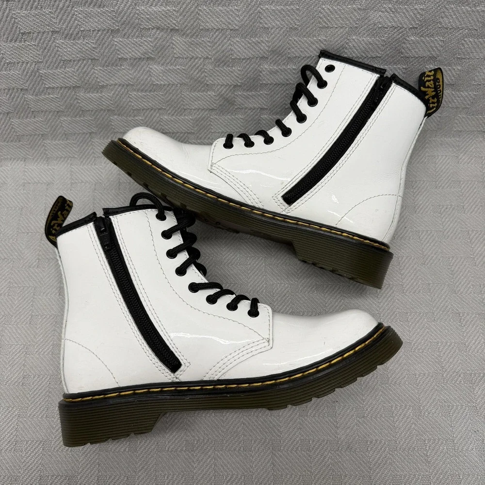 Dr. Martens Boots Youth Size 10 White Patent‎ Leather Side Zip Combat Ankle